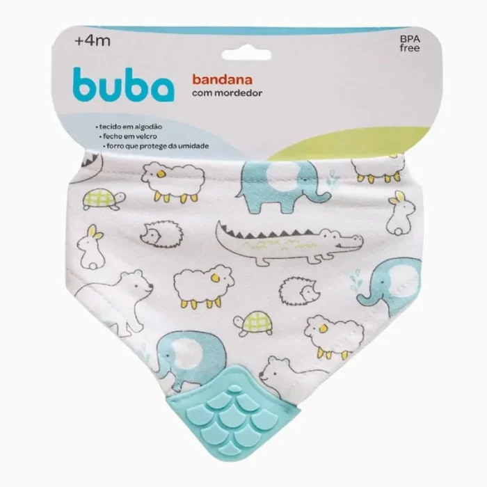 Babador Animais Azul Bandana Com Mordedor Buba - Imagem 1
