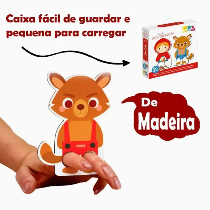 Dedoche Chapeuzinho Vermelho Em Madeira Babebi - Imagem 5